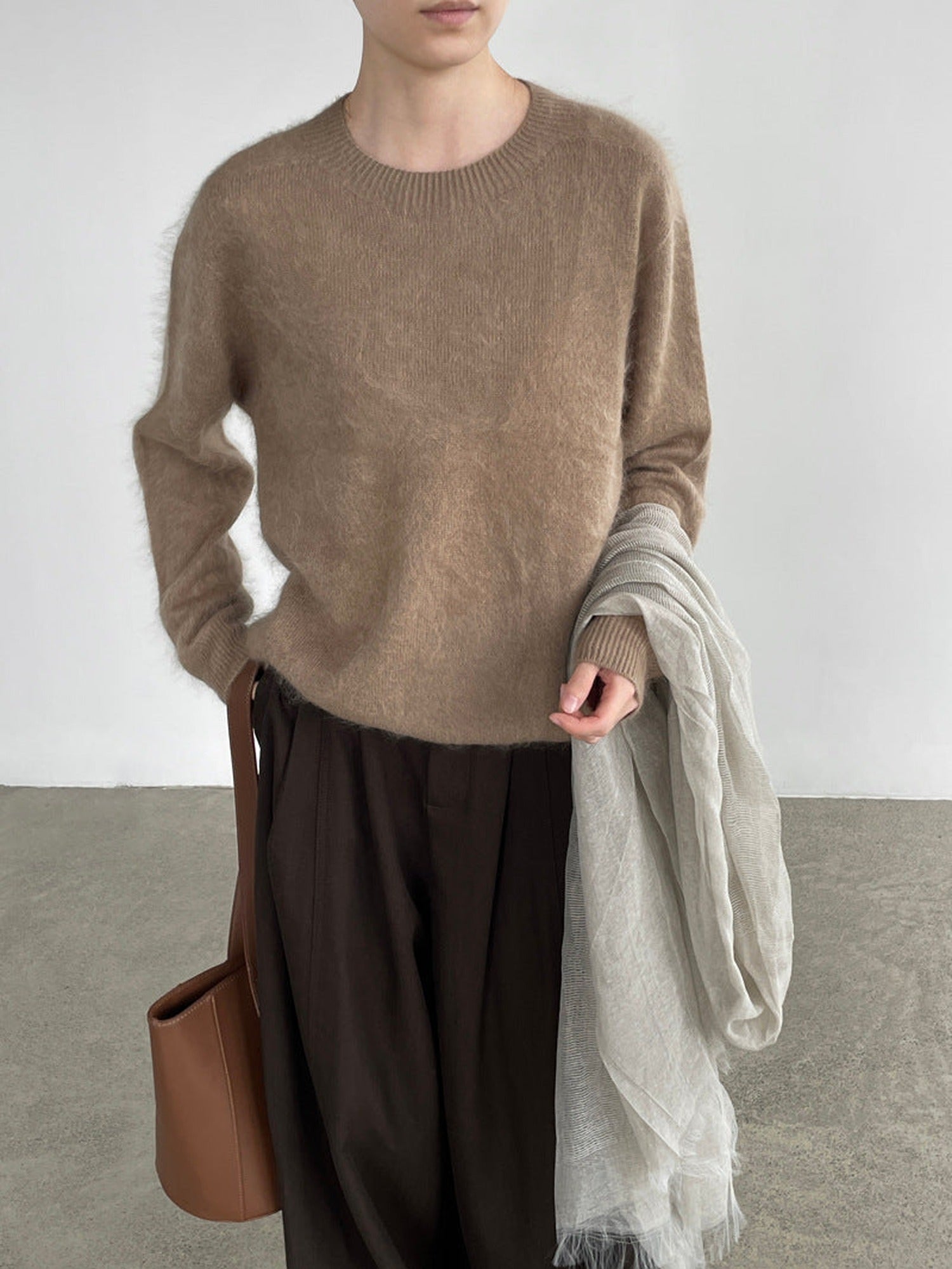 90% Wool, 5% Cashmere, 5% Silk Crew-Neck Sweater – Women – Beige – worn
