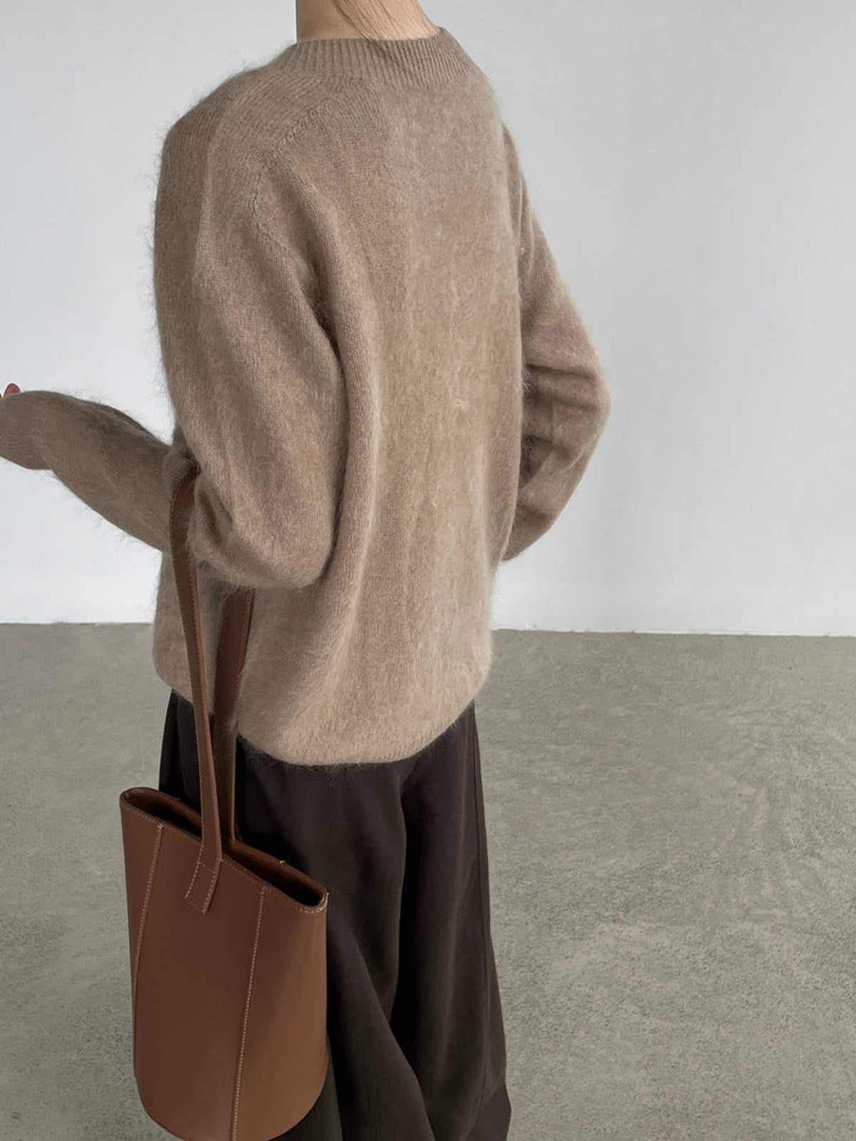 90% Wool, 5% Cashmere, 5% Silk Crew-Neck Sweater – Women – Beige – worn, back