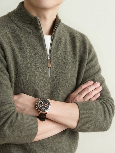 90% Wool Quarter-Zip Sweater, Cashmere and Silk – Men – Olive – worn