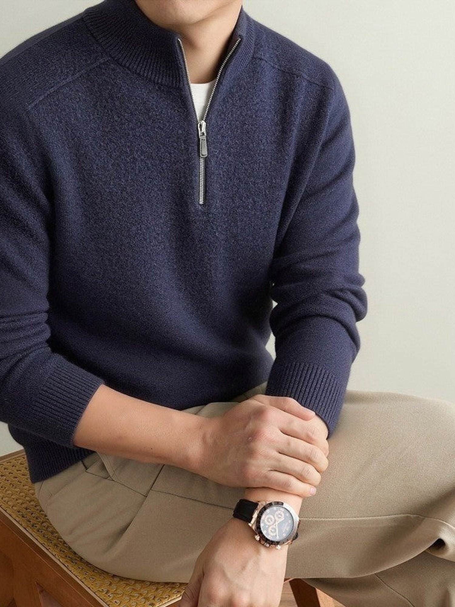 90% Wool Quarter-Zip Sweater, Cashmere and Silk – Men – Navy – worn