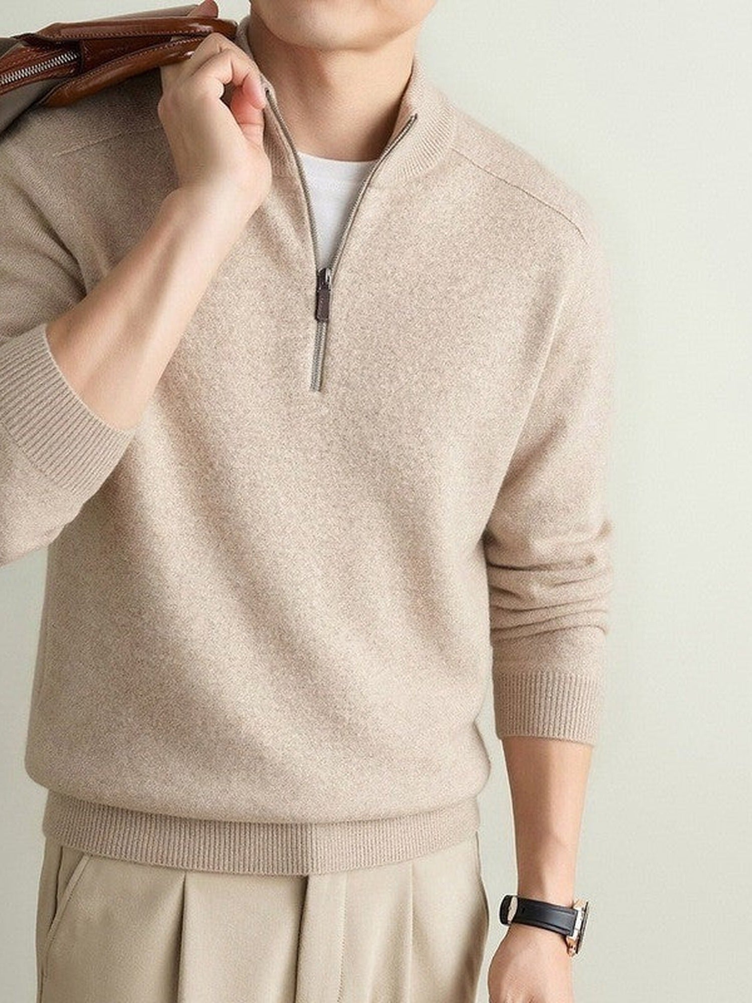 90% Wool Quarter-Zip Sweater, Cashmere and Silk – Men – Beige – worn