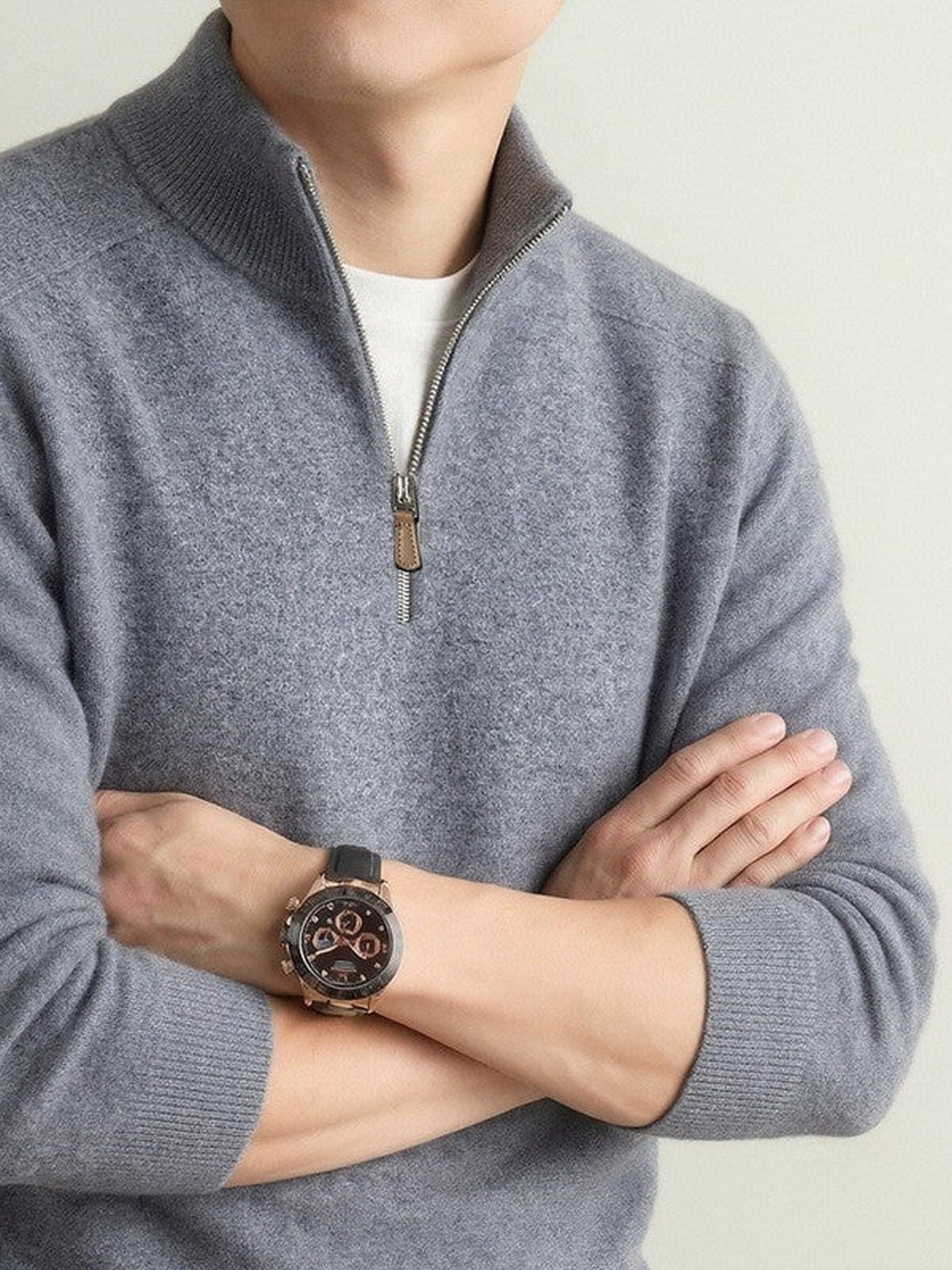 90% Wool Quarter-Zip Sweater, Cashmere and Silk – Men – Grey – worn