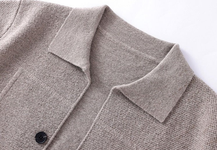 100% Wool Knit Shirt-Collar Cardigan – Men – Stone – collar detail
