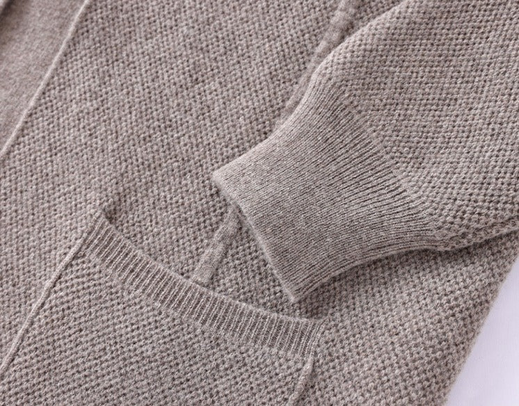 100% Wool Knit Shirt-Collar Cardigan – Men – Stone – cuff and pocket detail