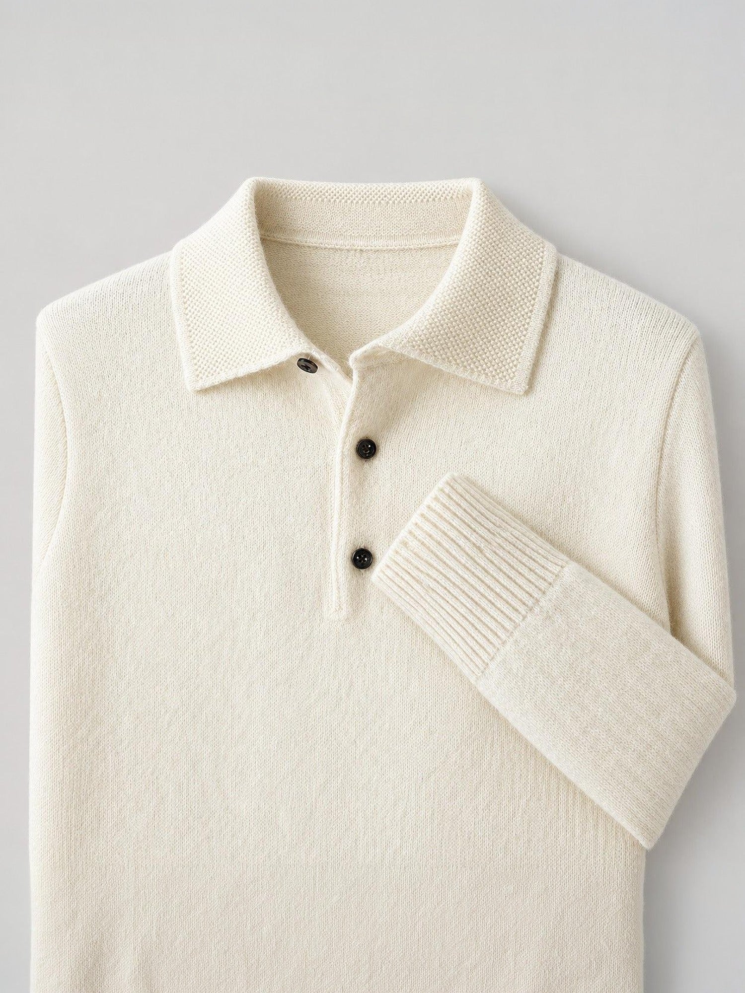 96–99% Wool Knit Polo Sweater, Long Sleeve – Men – Cream – collar