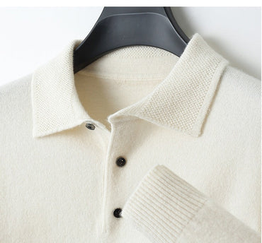 96–99% Wool Knit Polo Sweater, Long Sleeve – Men – Cream – collar and cuff