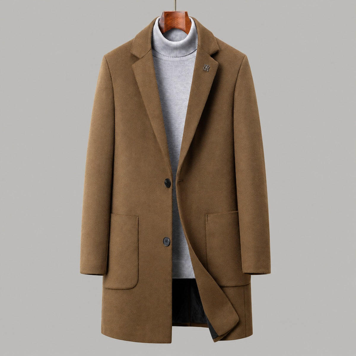 Wool Overcoat, Single-Breasted Mid-Length – Men – Camel – front