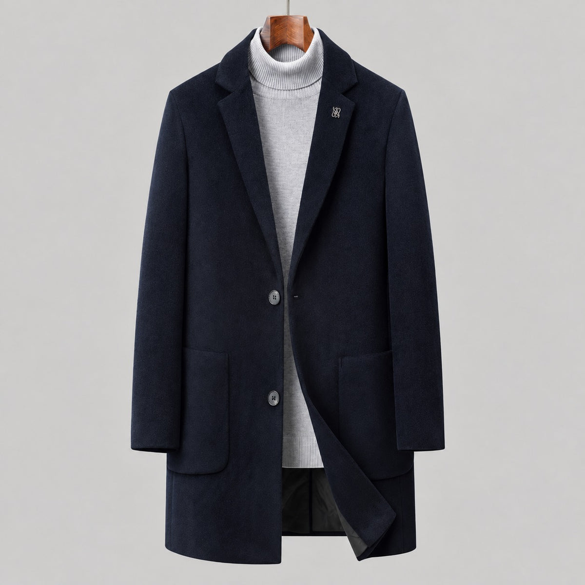 Wool Overcoat, Single-Breasted Mid-Length – Men – Navy – front