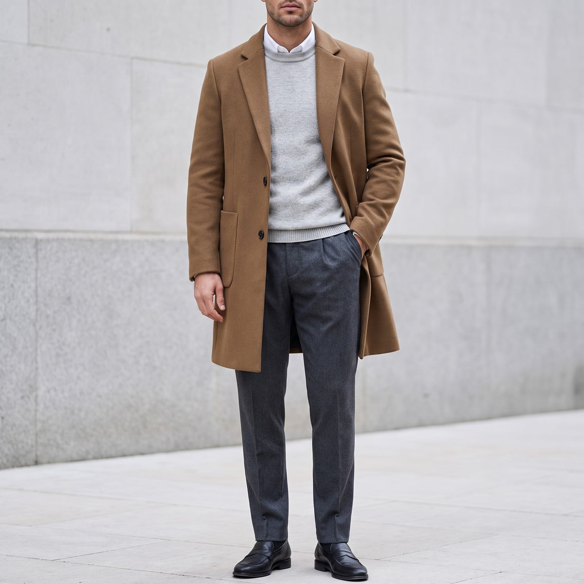Wool Overcoat, Single-Breasted Mid-Length – Men – Camel – worn