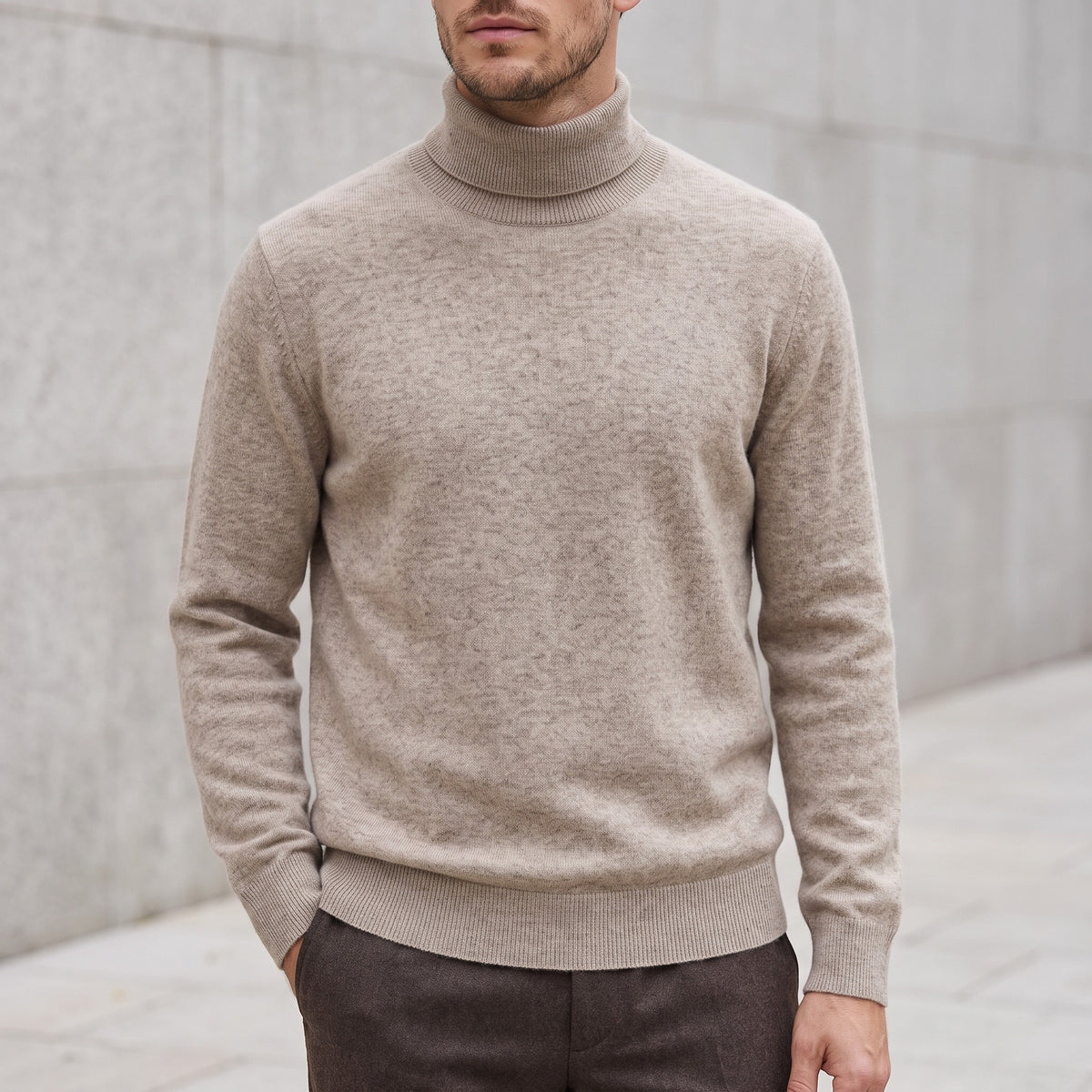 Wool Roll-Neck Sweater – Men – Camel – worn