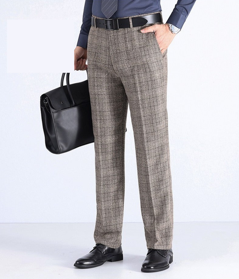 Wool-Look Straight Trousers, Stripe or Check – Men – Brown – check, worn