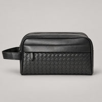 Woven Leather-Look Zip Pouch, Wrist Strap – Men – Black – front
