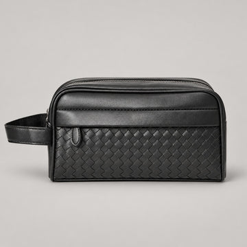 Woven Leather-Look Zip Pouch, Wrist Strap – Men – Black – front