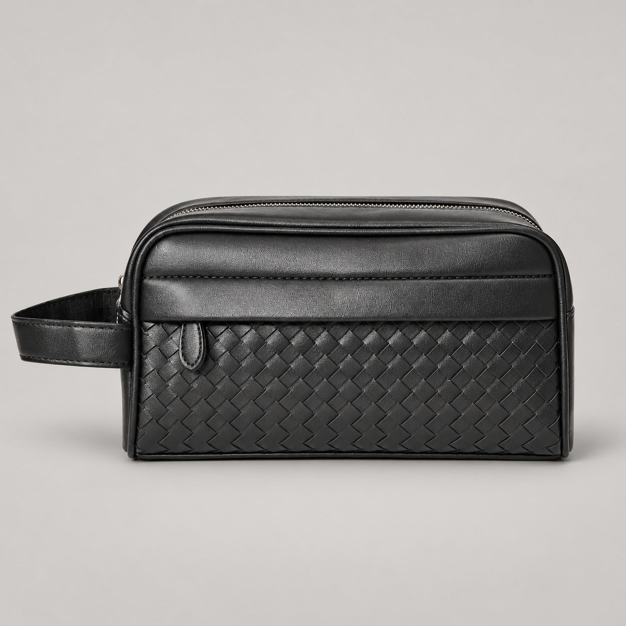 Woven Leather-Look Zip Pouch, Wrist Strap – Men – Black – front
