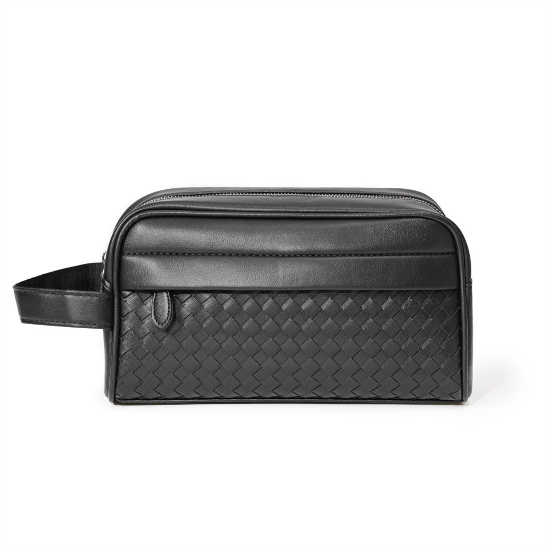 Woven Leather-Look Zip Pouch, Wrist Strap – Men – Black – front, handle