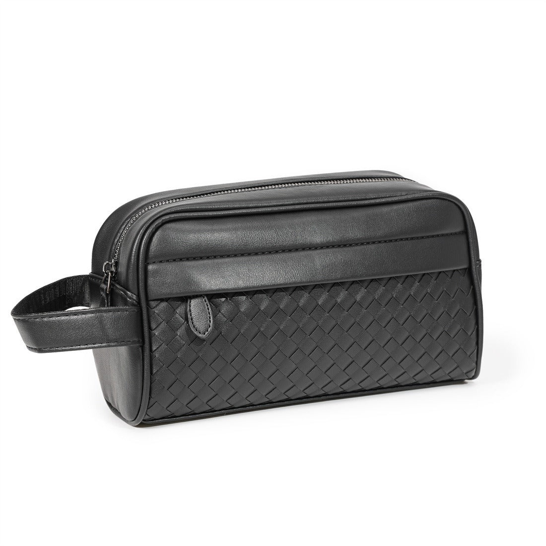 Woven Leather-Look Zip Pouch, Wrist Strap – Men – Black – three-quarter