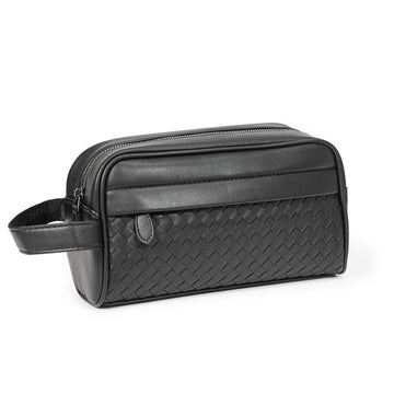 Woven Leather-Look Zip Pouch, Wrist Strap – Men – Black – three-quarter