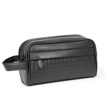 Woven Leather-Look Zip Pouch, Wrist Strap – Men – Black – three-quarter