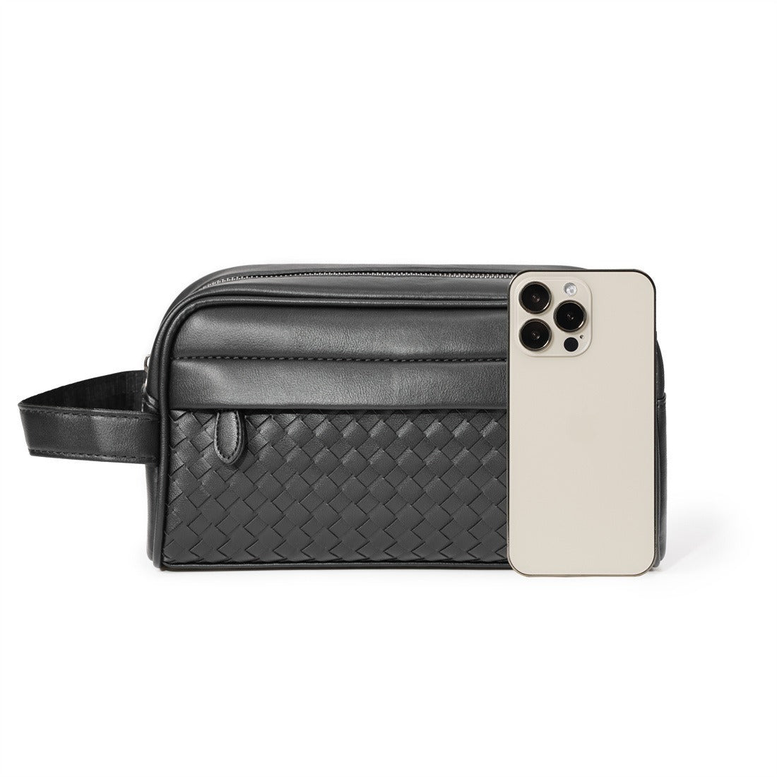 Woven Leather-Look Zip Pouch, Wrist Strap – Men – Black – size with a phone