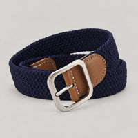 Woven Stretch Belt with Leather-Look Tab – Men – Navy · Brown Tab – front